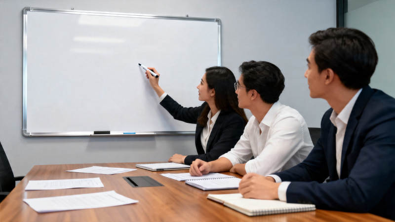白板前三人讨论会议场景图片