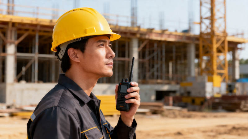 工地指挥员手持对讲机图片