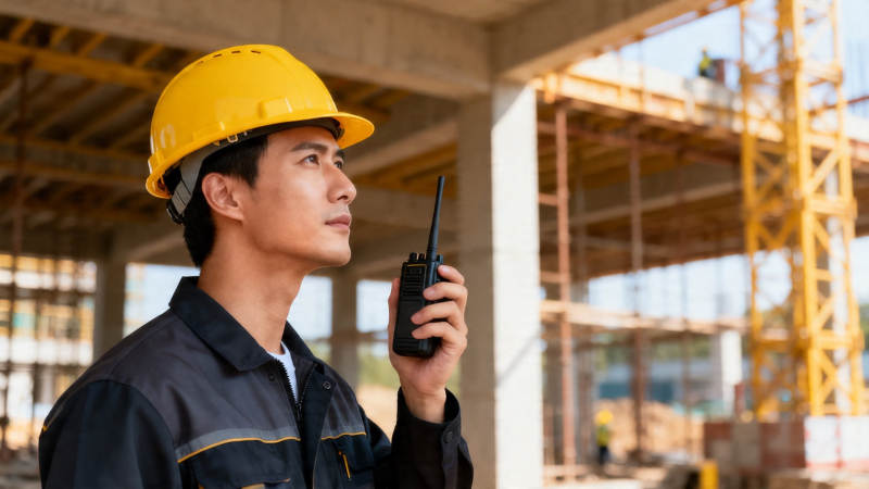 工地指挥员手持对讲机图片
