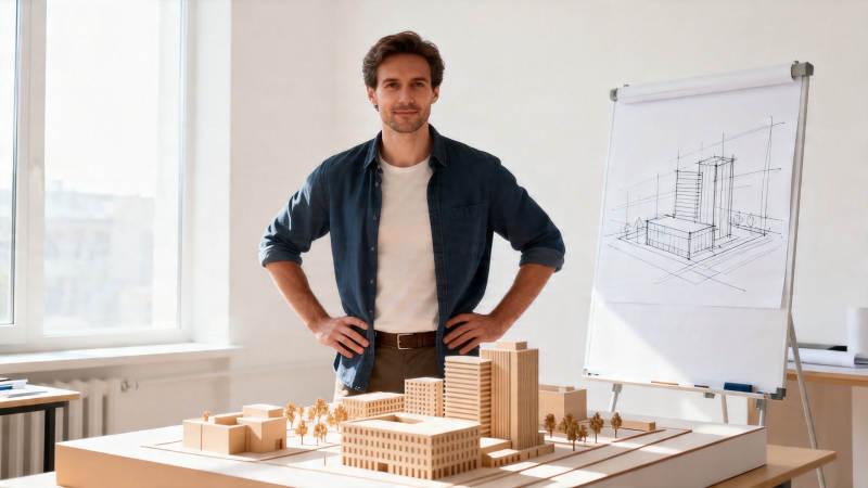 建筑师与模型蓝图合影图片