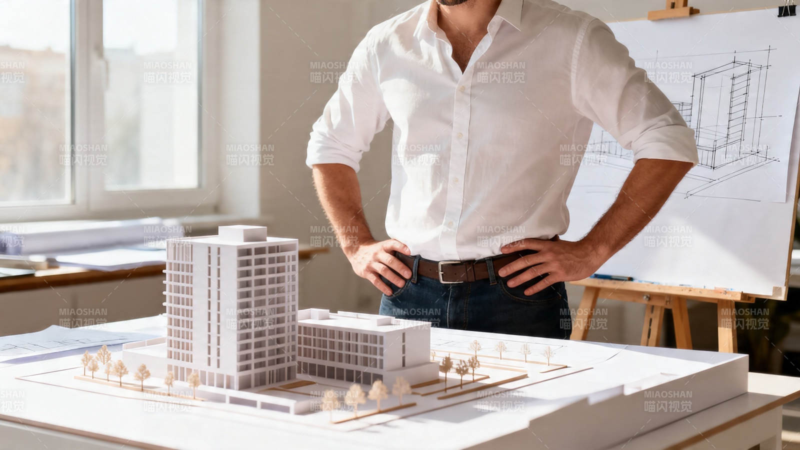 建筑师审视模型与蓝图图片