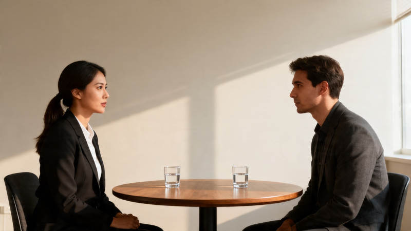 商务对谈 两人桌前静坐交流图片