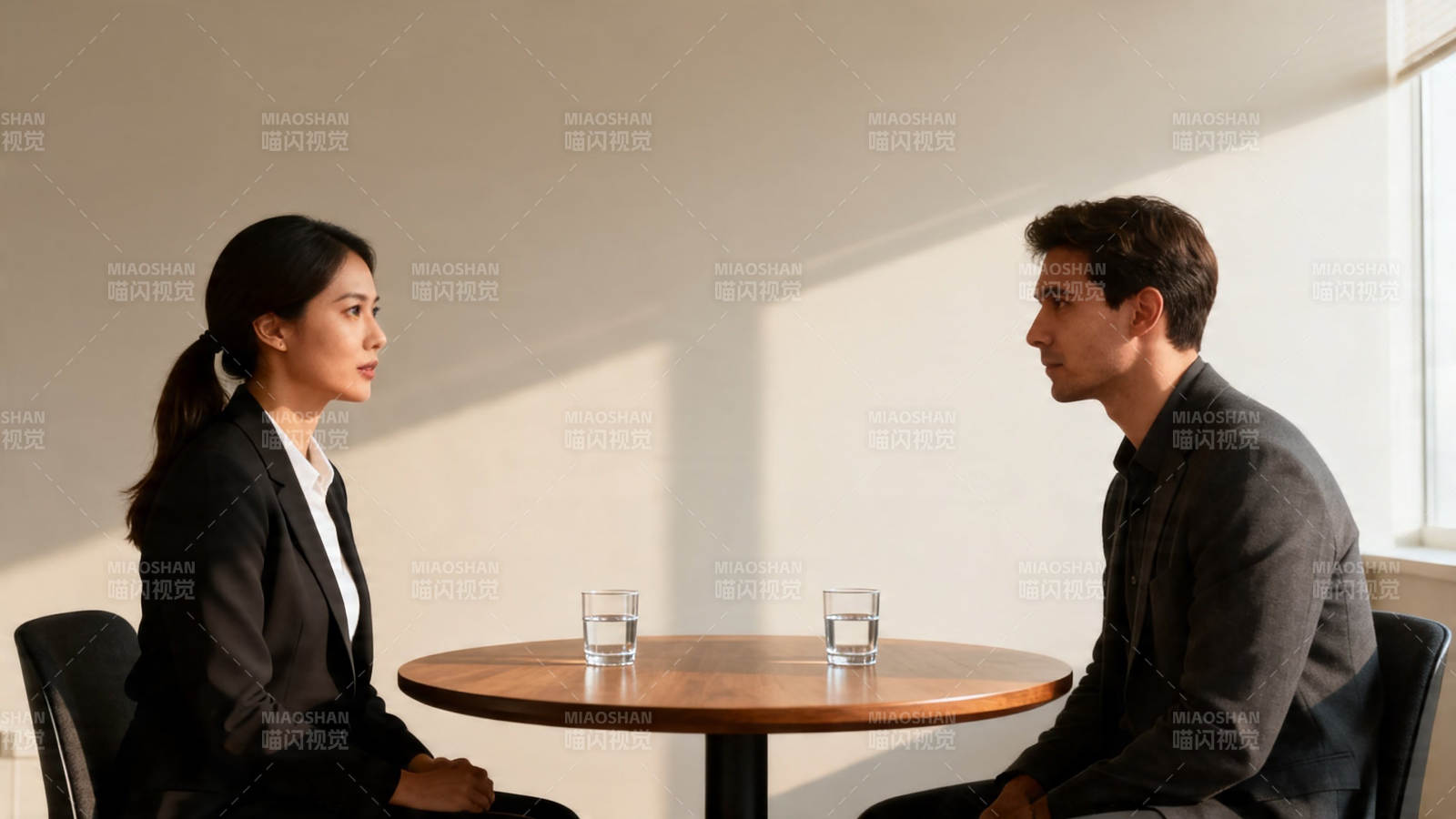 商务对谈 两人桌前静坐交流图片