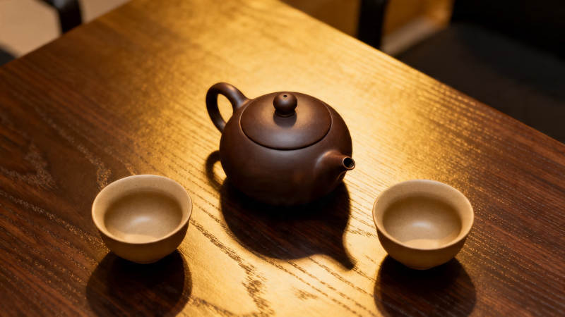 茶壶两杯 暖光木桌静雅图片