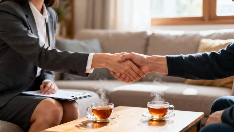 商务握手 茶香伴谈图片