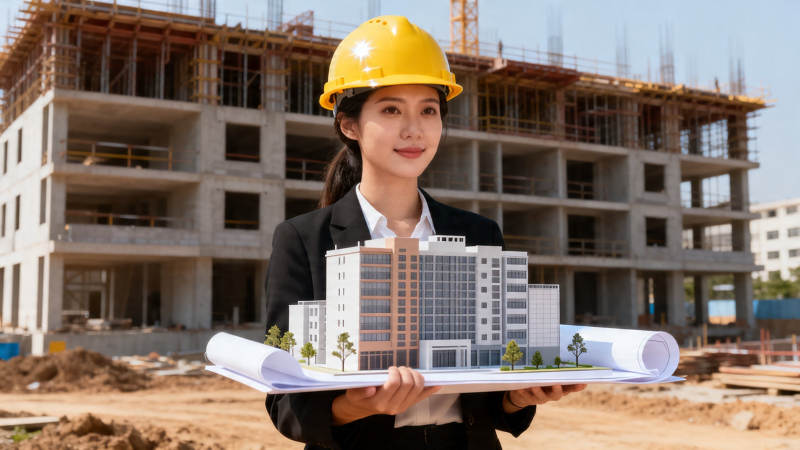 女工程师持模型站工地前图片