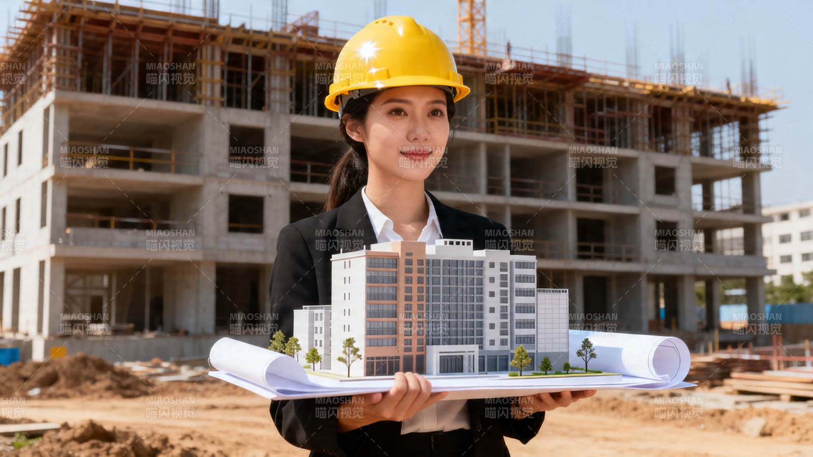 女工程师持模型站工地前图片