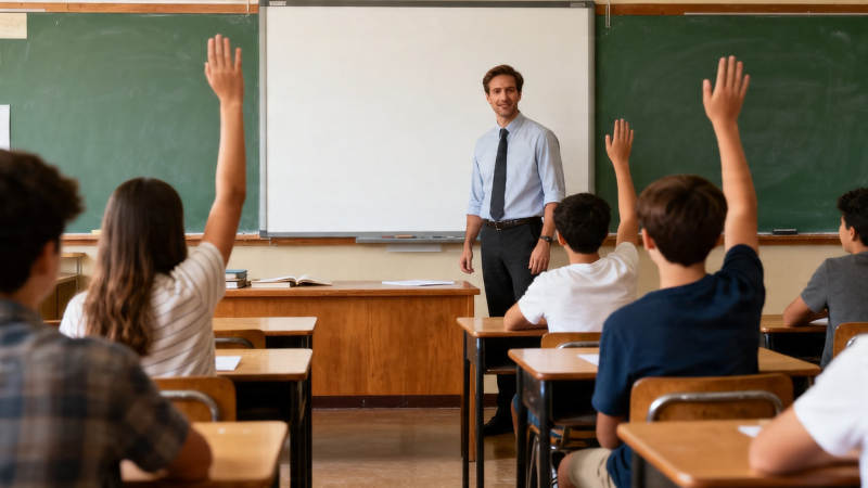 课堂举手互动 老师微笑回应图片