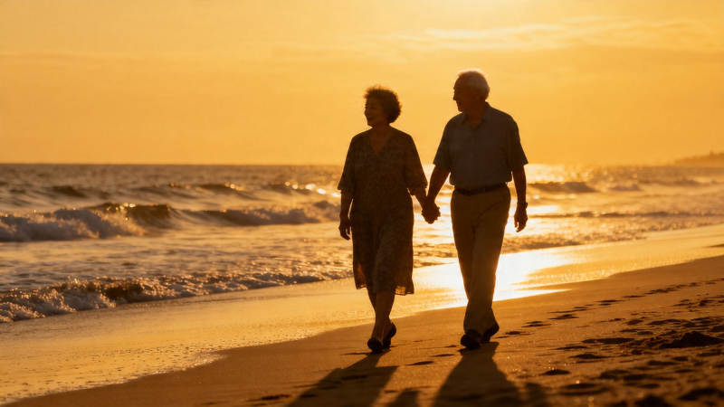 夕阳下牵手漫步海滩图片