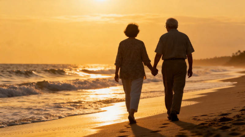 夕阳下牵手漫步海滩图片