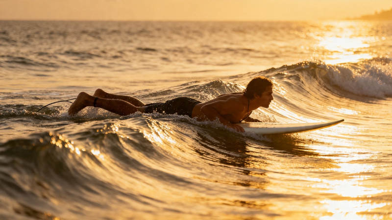 夕阳冲浪者逐浪而行图片