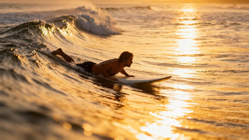 夕阳冲浪者逐浪而行图片