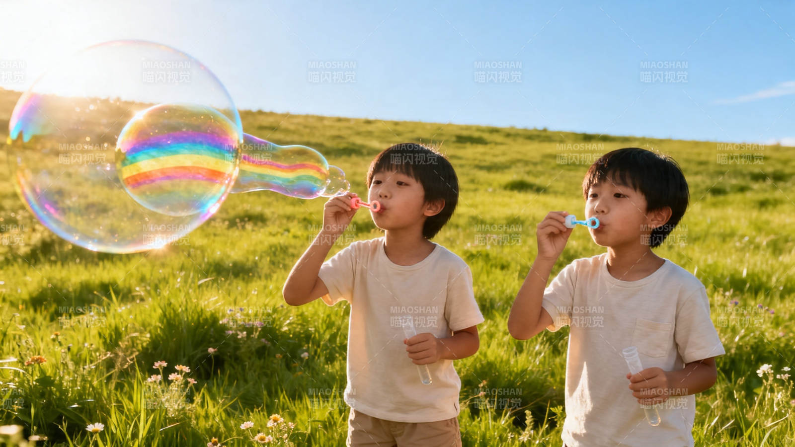 阳光草地吹泡泡童趣图片