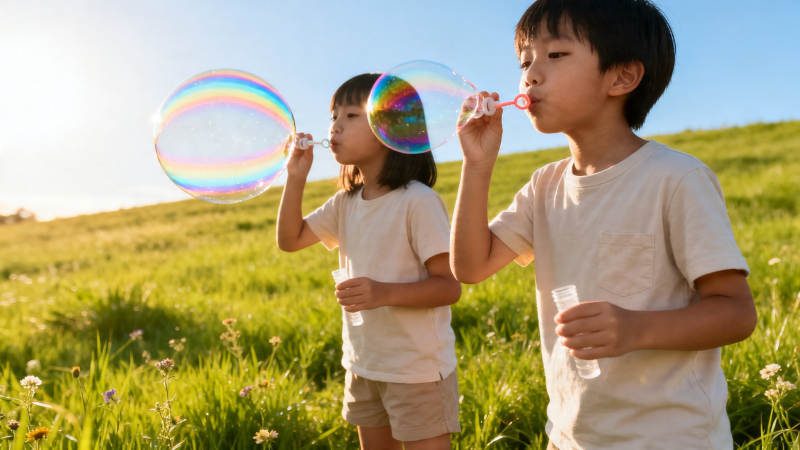 草地上吹泡泡的童趣时光图片