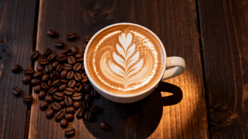 咖啡拉花与豆 木桌暖光韵图片