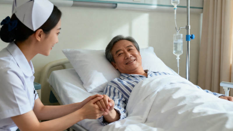 护士握病患手 温情守护中图片