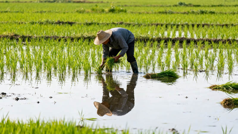 农夫插秧 水田倒影如画图片