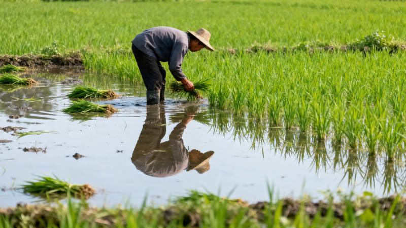 农人插秧 水田映影图片