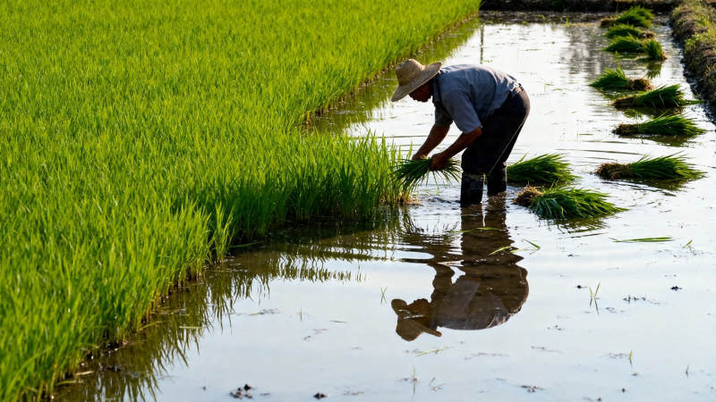 农人插秧 水田映影图片