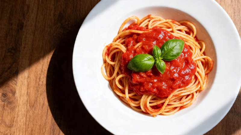 意面配番茄酱与罗勒叶图片