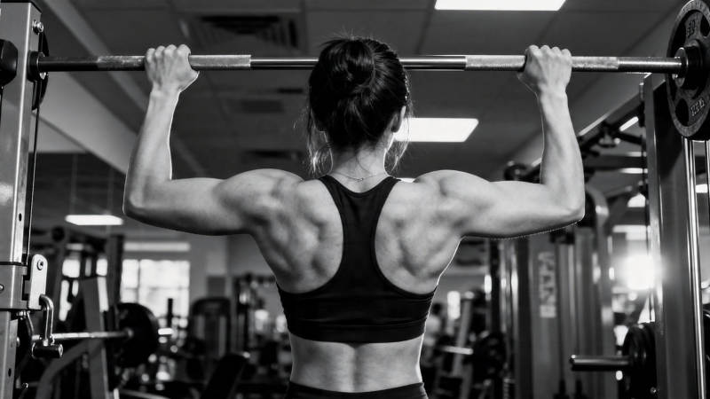 女子健身房举杠铃背影图片