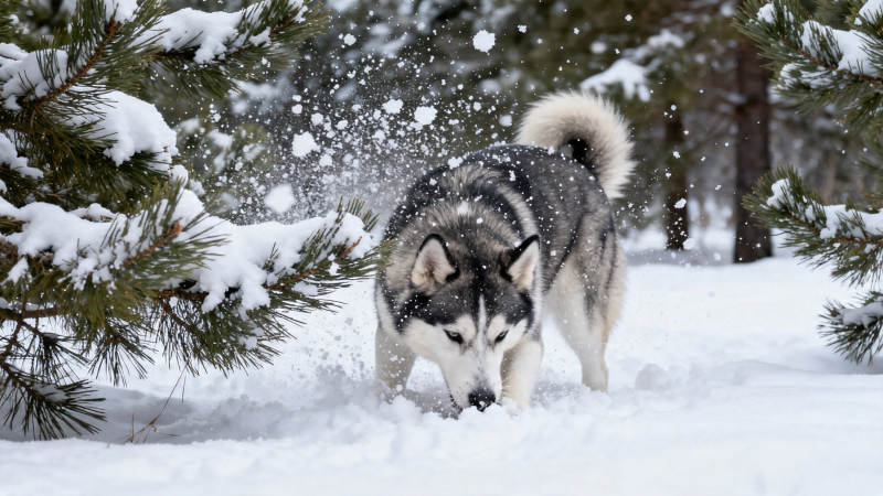 雪林哈士奇踏雪寻踪图片