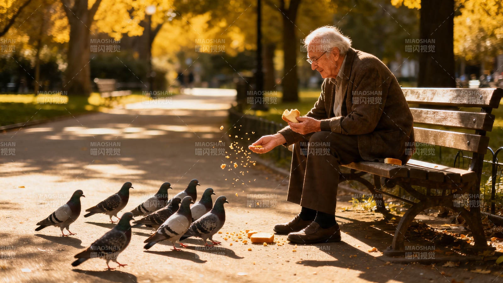 秋日公园喂鸽老人图片