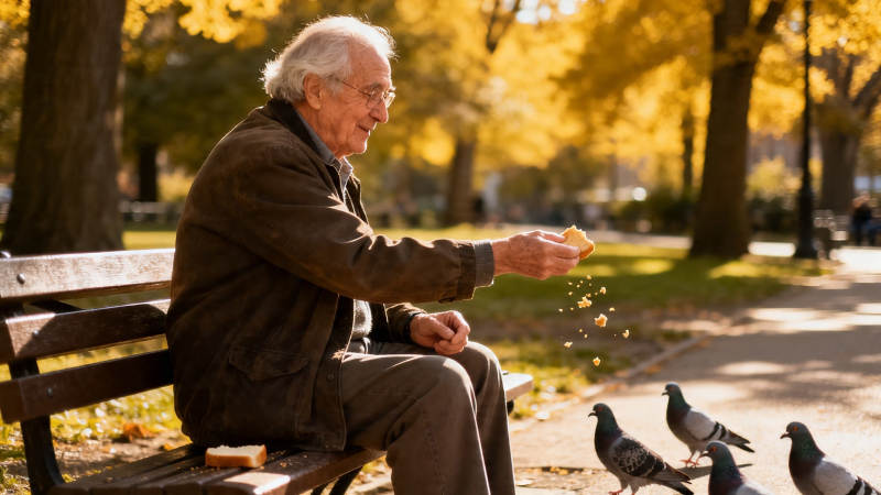 秋日公园喂鸽老人图片