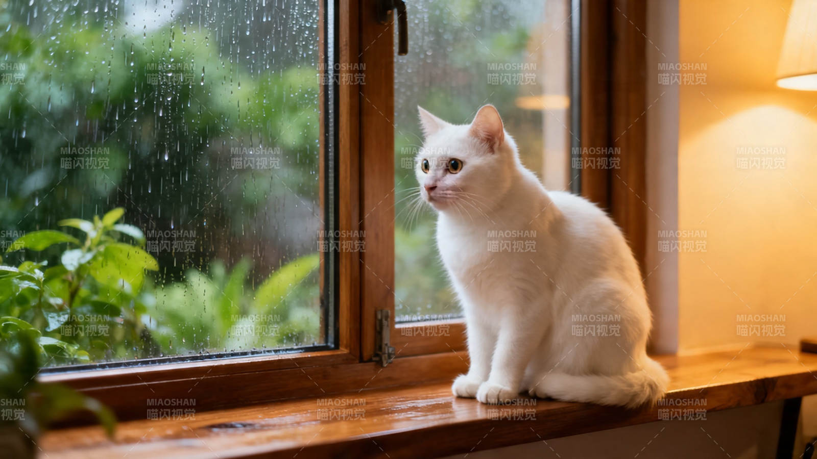 雨窗白猫静坐望外图片