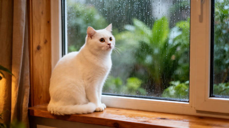 白猫窗台望雨景图片