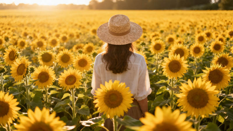 向日葵海中的背影图片