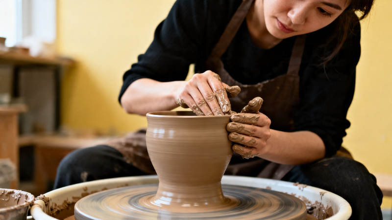 陶艺师专注拉坯成型图片