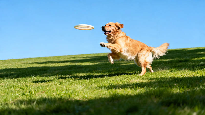 金毛跃起接飞盘图片