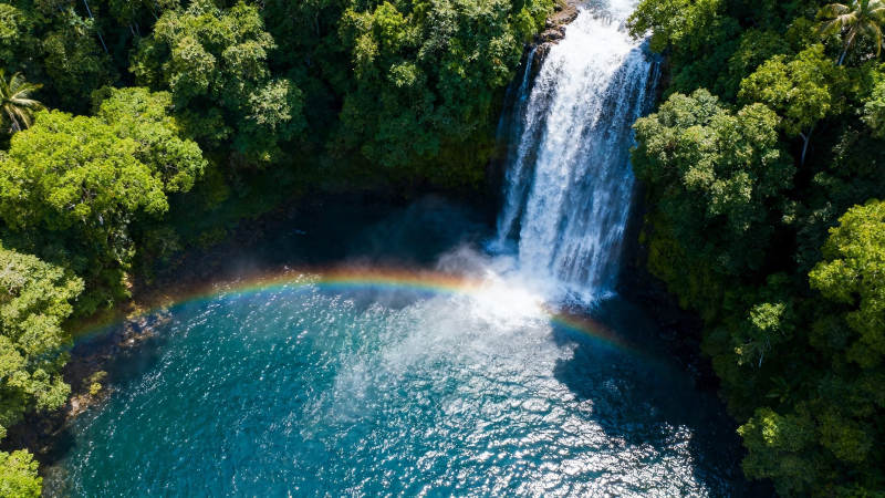 瀑布彩虹 绿林碧水仙境图片