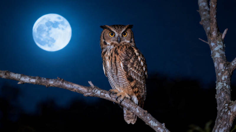 月夜猫头鹰栖枝凝望图片