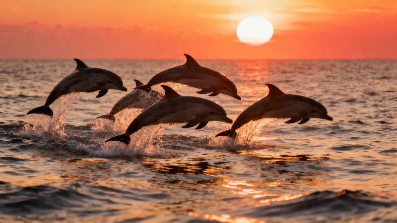 夕阳下海豚跃出海面图片