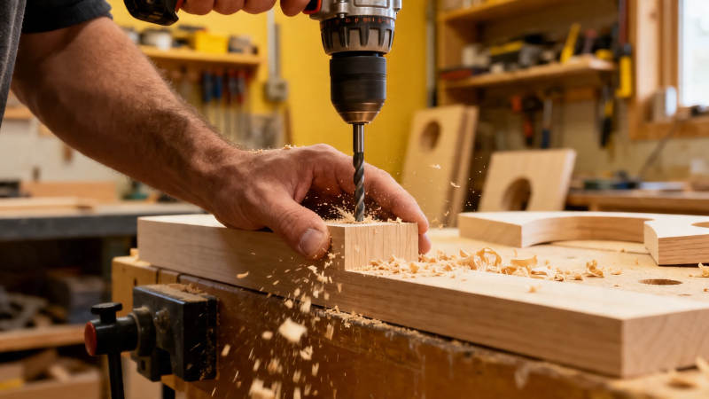 木工钻孔 木屑飞溅图片