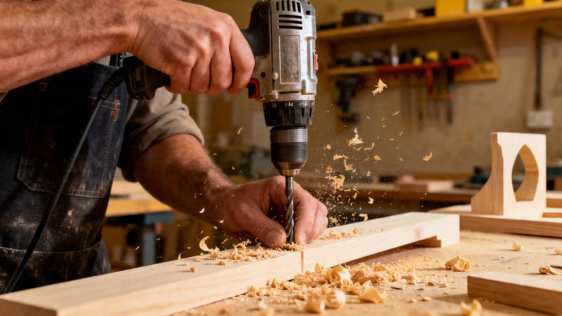 木工钻孔 木屑飞溅图片