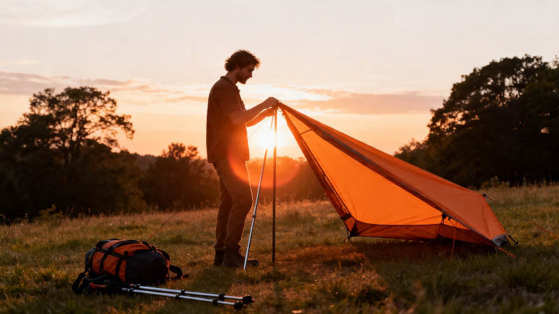 夕阳下搭帐篷露营图片