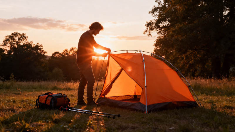 夕阳下搭帐篷露营图片