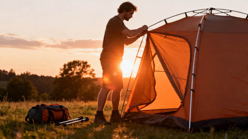 夕阳下搭帐篷的露营者图片