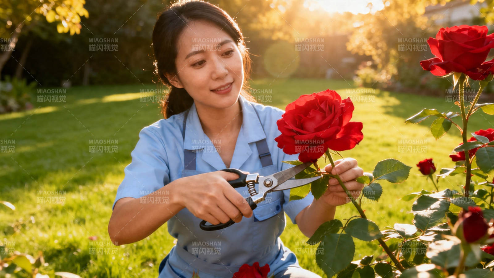 夕阳下剪红玫瑰图片