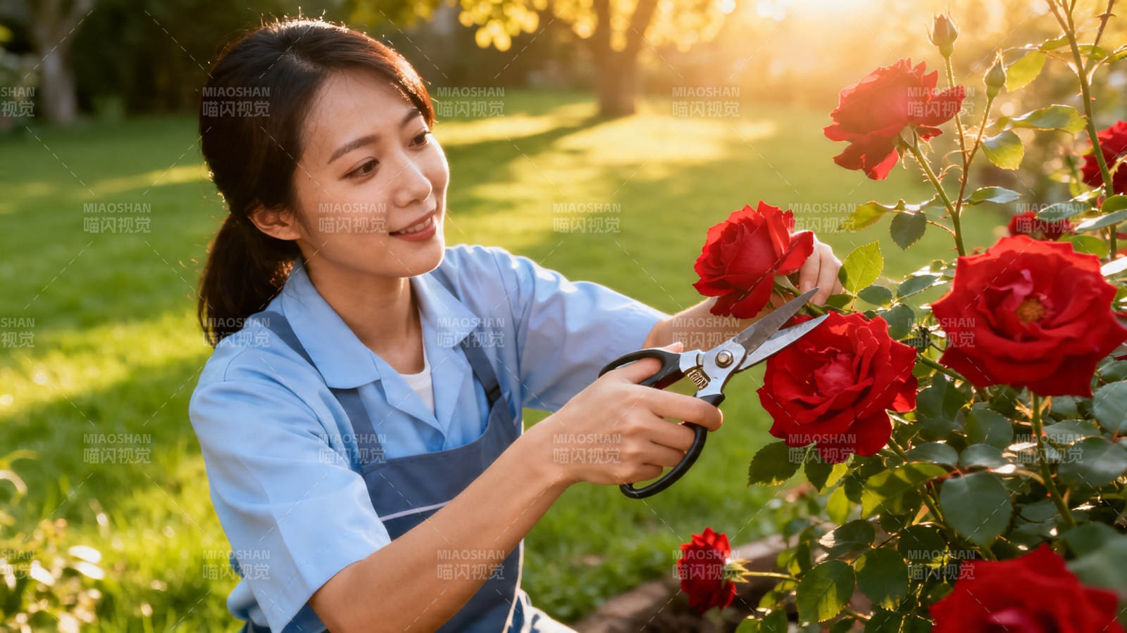 女子花园修剪红玫瑰图片