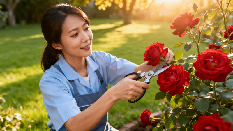 女子花园修剪红玫瑰图片