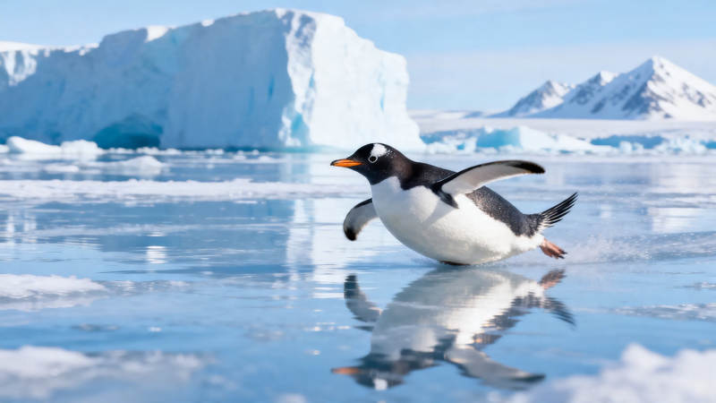 企鹅冰面滑行 倒影清晰图片