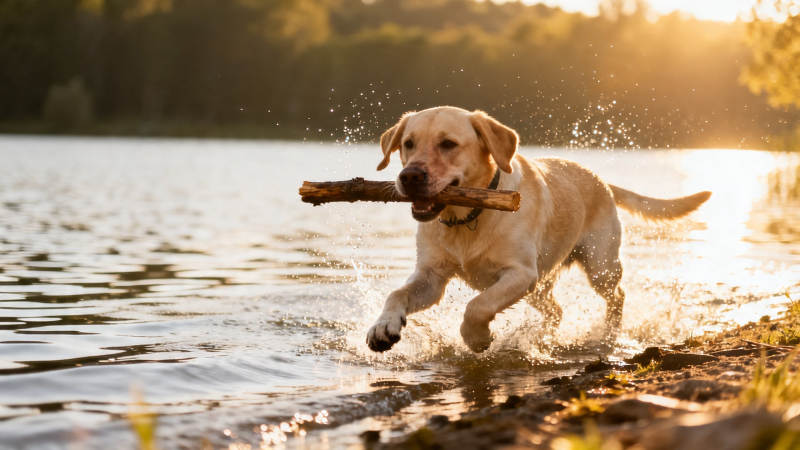 夕阳下叼枝奔跑的金毛犬图片