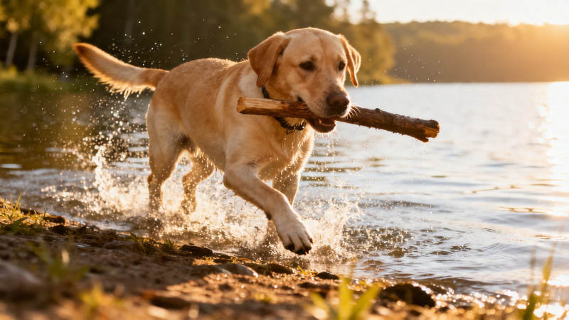 金毛叼棍戏水 夕阳溅浪花图片