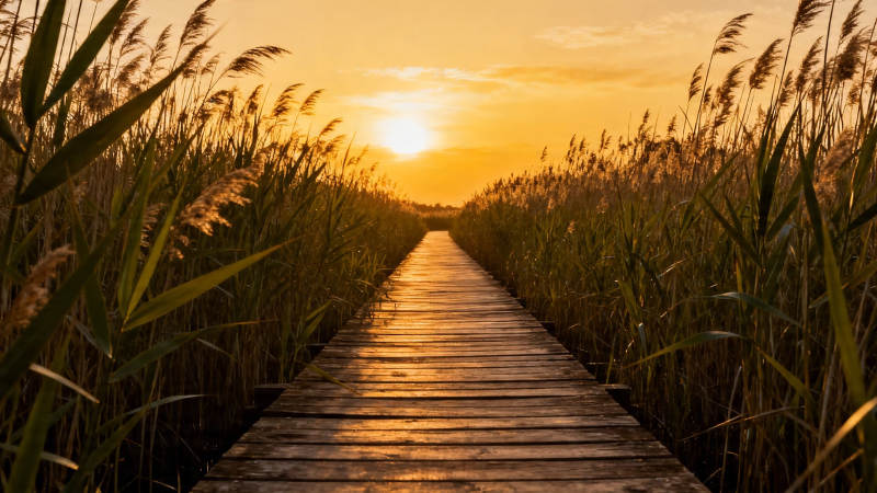 芦苇栈道迎夕阳图片