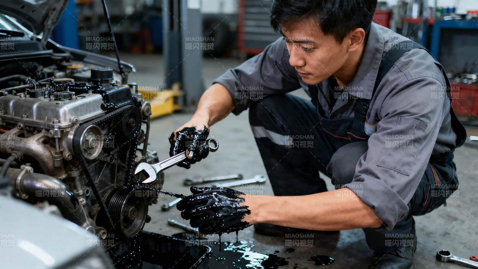 修车师傅专注检修发动机图片