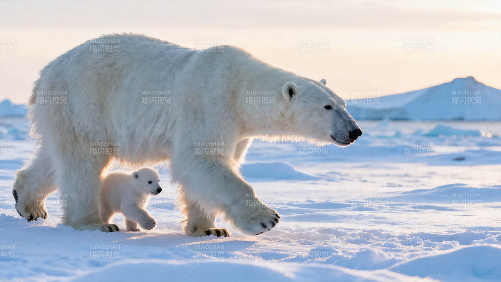 北极熊母子雪地漫步图片
